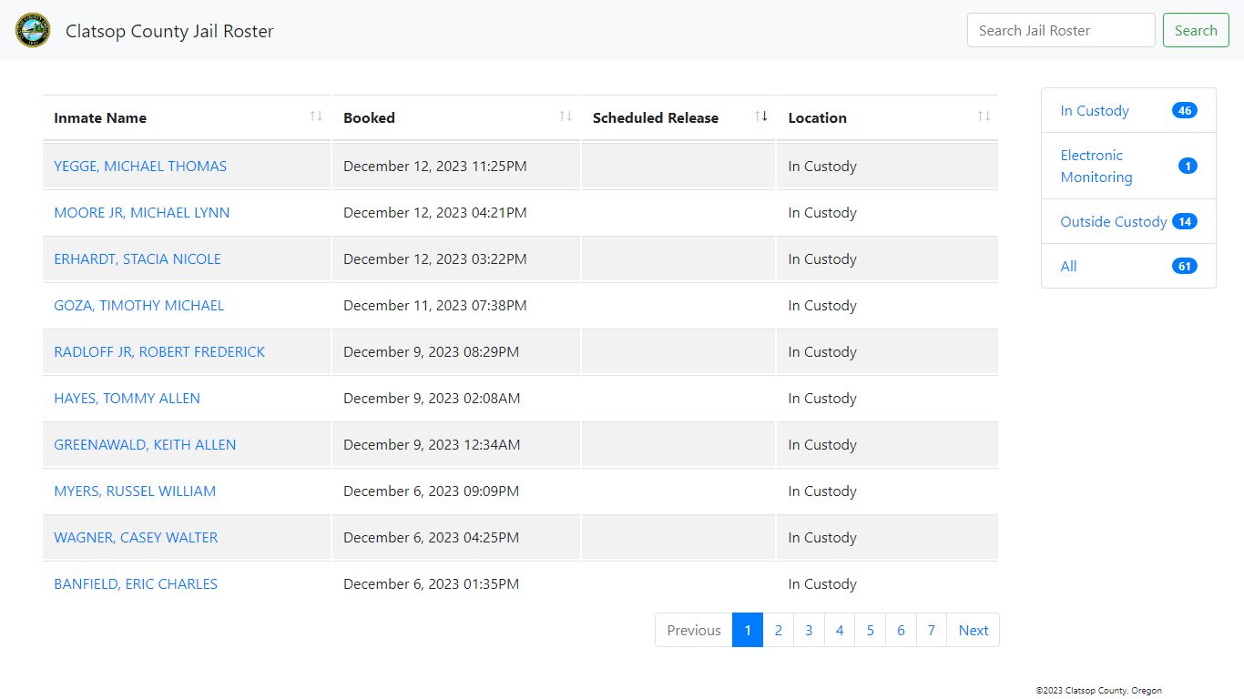 Clatsop County Jail Roster